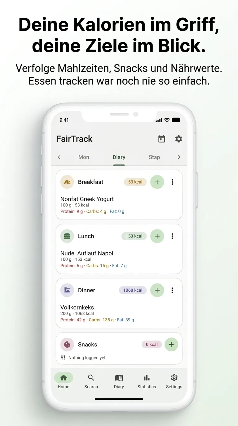 FairTrack Ernährungstagebuch mit Mahlzeiten und Nährwerten
